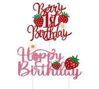 NYGGTYK Inserción De Tarjetas Temáticas De Fresa De 2 Piezas De 1 Año, Decoraciones De Pastel, Inserción De Tarjetas De Pastel Lindas, Suministros para La Fiesta De Cumpleaños para Niños