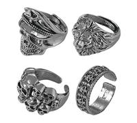 NYGGTYK Juego de 4 anillos estilo rock estilo punk vintage anillos ajustables, anillos de metal, anillos personalizados, anillos de hombre, accesorios, Metal