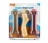 Nylabone, Paquete Triple para etapas de Cachorros, Masticar Pollo Suave para Principiantes, Palo de Madera de Tocino de Arce Graduado, Hueso Extremo de Carne de Res graduada, tamaño Mediano