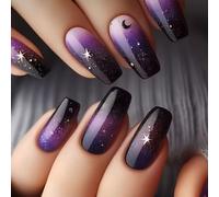 Nymora 24 Piezas de Uñas Artificiales en Lila con Diseño de Cielo Estrellado - Uñas Artificiales de Longitud Media y Forma Angular para Pegar, Aspecto Brillante de Gel, Degradado de Color Rojo