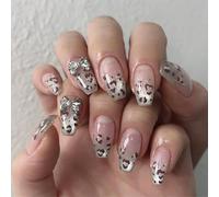 Nymora 24 Piezas Uñas Press on, Diseño de Arco de Brillo Plateado, Cortas y Cuadradas, Uñas Artificiales Autoadhesivas con Pegamento para Uñas y Lima, Uñas Falsas para Mujeres y Niñas