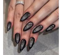 Nymora 24 Presione en las uñas negras, uñas de ojo de gato, uñas postizas, encaje de aguja de almendra Con Aspecto de gel cromado brillante, que incluye pegamento y lima, para manicura de fiesta para