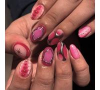 Nymora 24 Stück rote Press on Nails kurz mit 3D-Goldstreifen, Blumen design, Nägel zum Aufkleben, Kunstnägel kurz für Frauen und Mädchen