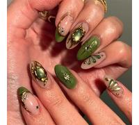 Nymora 24 Uñas Autocollantes, Uñas Postizas de Color Verde con Brillo Estelar, Uñas Artificiales con Diseño 3D, Incluye Adhesivo y Lima de Uñas para Mujeres y Niñas