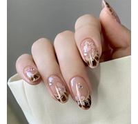 Nymora 24 Uñas Falsas Press on Nails: Uñas de Acrílico Almond Color Nude Rosado con Diseños de Flores Blancas - Kit de Uñas Falsas Jelly Gel con Punta Azul