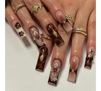 Nymora 24 Uñas Postizas Adhesivas Pequeñas Cuadradas, Uñas Artificiales Autoadhesivas para Mujeres y Niñas, Incluye Kit de Herramientas, Diseño de Flores y Leopardo, Estilo Otoño-Invierno