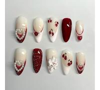 Nymora 24er Set Handgemachte Press on Nägel zum Aufkleben, Fake Nägel mit Kirsche Design, Glossy Eckig Kunstnägel Press on Nägel mit Nagelkleber
