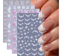 Nymora 4 Hojas Pegatinas Uñas Florales para Diseño - Estampadas Flores/Mariposas, Autoadhesivas Corazones/Pequeñas Flores Blancas, Primavera/Verano