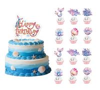 Nymora Decoración de Pastel de Sirena, 13 Piezas (1 Grande + 12 Pequeñas Placas), Decoración de Mundo Submarino para Cumpleaños de Niños, Decoración de Fiesta de Aventura Submarina para Niñas