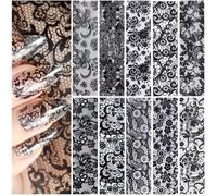 Nymora Nageltransferfolie Set, 10 Rollen Lace Nail Foil Sticker mit UV Gel Transferfolien, Schwarze Spitze und Blumen Design für DIY Maniküre