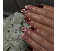 Nymora Press On Nails, 24 Stück Nägel zum Aufkleben Kurz, Rote Blumen-Square False Nails, Künstliche Nägel zum Aufkleben, Fake Nails & Nägel Soft Gel Design