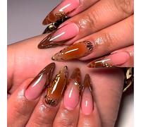 Nymora Press on Nails Medium Almond 24 Stück, 3D Blumen und Kristall-Design, künstliche Nägel, Jelly Gel Wearable Kit - Herbst/Winter, nägel zum aufkleben