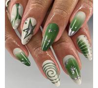 Nymora Set de Uñas postizas artesanales - 24 uds. Estilo Y2K Verde degradado 3D - Kit Gel - Uñas artificiales para mujer