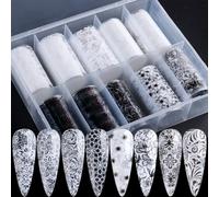 Nymora Spitze Lace Nageltransferfolie Set - 1 Box Nagelaufkleber A (Schwarz + Weiß) - Holographische Blumen Gel Transferfolien für Nail Art - Nagelzubehör