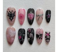 Nymora Uñas Artificiales de Halloween, 24 Piezas: Gata Negra Dulce y Murciélago, Diseño Gótico Y2K con Brillo - Uñas Press On Góticas de Halloween