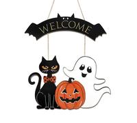 NymphFable 2 Pièces Décoration Murale en Bois pour Halloween, Adorable Fantôme, Chat Noir, Citrouille, Panneau de Bienvenue, Ornements D'Halloween pour Porche de Ferme, 26,8 x 9,1 Pouces