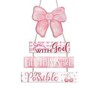 NymphFable 4 Piezas Decoración de Pared Cristiana con Lazo Rosa, Cartel de Madera Colgante con Frase Motivacional para Habitación de Niñas o Guardería