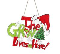 NymphFable Decoración Navideña de Madera para Puerta, Cartel Colgante de Navidad Aquí Vive el Grinch para Pared y Ventana, Adornos Navideños para Hogar, Salón y Dormitorio, 30x25 cm