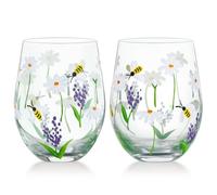 NymphFable Juego de 2 Copas de Vino Sin Tallo Pintadas a Mano Margarita Abeja Vasos de Cóctel Ginebra Regalo para Mujeres, 18 oz