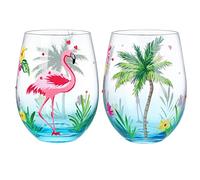 NymphFable Juego de 2 Copas Vino Colores Vasos de Vóctel de Ginebra Sin Tallo de Flamenco Pintados a Mano Palmera Regalo para Mujeres, 18 oz