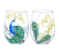NymphFable Juego de Copas de Vino sin Tallo de 2 Pavo Real Pintadas a Mano Regalo de Boda Aniversario Personalizadas 520ml