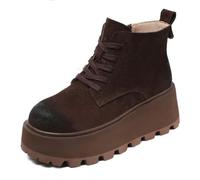 NYSBH - Botas de tobillo de estilo retro que aumentan la altura, hechas a mano, de ante de vaca, plataforma gruesa, tacón de cuña, botas cálidas para invierno, Peluche corto marrón, 36 2/3 EU