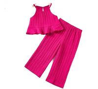NYSBH - Conjunto de ropa de verano para vacaciones en la playa, favorecedor, parte superior halter, detalle fruncido, pantalones de pierna ancha fluidos, conjuntos de ropa elegante para niñas, Rosa