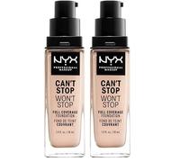 NYX Professional Makeup Base de maquillaje Can't Stop Won't Stop Full Coverage Foundation, Larga duración, Waterproof, Fórmula vegana, Acabado mate, Tono: Light Porcelain (Paquete de 2)