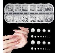 NyxSeat 1 caja/12 rasters de perlas para decoración de uñas, abalorios de uñas, uñas de estrás, cuentas de espalda plana, bolas semicirculares, accesorios para uñas (blanco)