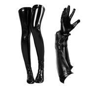 NyxSeat 1 par de guantes de cuero, 1 par de calcetines de cuero, traje elástico negro sexy, guantes largos brillantes y medias hasta la rodilla, ropa de fiesta de club de graduación (negro)