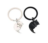 NyxSeat 2 llaveros de gato con 1 caja de regalo, llaveros de pareja de acero inoxidable, bonitos colgantes de gato, regalos para amantes y amigos (negro, plata), negro, blanco, Talla única