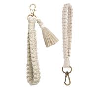 NyxSeat 2 llaveros trenzados, llaveros estilo bohemio, llavero corto con cordón, llavero para coche, llavero con colgante de borla, Blanco, Talla única