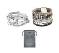 NyxSeat 2 pulseras de plata para mujer, 1 bolsa de almacenamiento gris oscuro, pulsera apilable, pulsera de capas, pulsera bohemia, pulsera magnética, joyería de moda, pulsera de cuero., talla única,