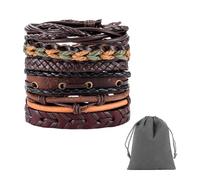 NyxSeat 6 pulseras de cuero con 1 bolsa de terciopelo gris, pulseras de cuero ajustables, elegantes accesorios punk, pulseras trenzadas unisex, juego de pulseras vintage, 17-30cm