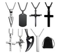 NyxSeat 8 collares para hombre, 1 bolsa de terciopelo, juego de collar, collar de cruz, collar para hombre, collar de diente de lobo, Acero inoxidable