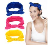 NyxSeat Accesorios para mujer, 3 diademas con orejas de conejo, lindas diademas de poliéster, adecuadas para cumpleaños, reuniones con amigos, ropa diaria (rojo rosa, azul real, amarillo) (20 x 8 cm)