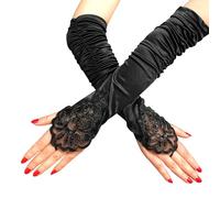 NyxSeat Guantes largos de encaje con flores, guantes de ópera, guantes largos de satén, estilo gótico, retro, sin dedos, adecuados para actuación en escenario, juego de rol (negro), Negro , Talla