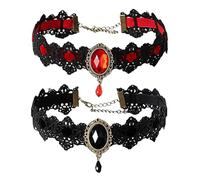 NyxSeat - Juego de 2 gargantillas góticas de encaje y piedras preciosas, retro, para Halloween, joyería para mujer (negro y rojo), 32+5cm