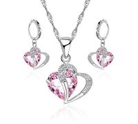 NyxSeat Juego de 3 piezas: 1 par de pendientes y collar de moda en forma de corazón, joyas de cristal rosa para uso diario, fiestas y citas