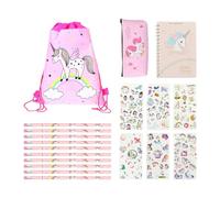 NyxSeat Juego de papel de carta de caballo arco iris para 4 - 11 años, bolsa con cordón, estuche, cuaderno, lápiz y pegatinas, adecuado para regalos de cumpleaños y regalos de fiesta para niñas