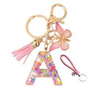 NyxSeat Llavero de Resina Con Letra A y Cordón de Cuero Trenzado Rosa, Borla de Mariposa, Corazón Con Purpurina - Rosa, Talla Única