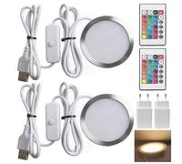 Nzkeuf 2 Artículos Led Cocina Bajo Mueble Ajustable, Redondo Luces Led Cocina con Interruptor y Control Remoto, Varios Colores, Enchufes Estándar Europeos, Aptos para Armarios, Vitrinas y Roperos