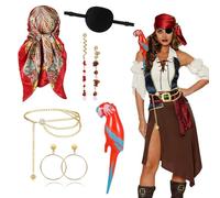 Nzkeuf 7 Piezas Accesorios Pirata Mujer, Accesorios de Disfraz Pirata Mujer, Bandana Pirata, Parches Oculares, Cadena de Cintura, Pendientes, Loro Hinchable, para Halloween, Carnaval, Cosplay