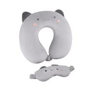 Nzkeuf Almohada de Viaje con Antifaz, Almohada de Cuello para Niños y Adultos, Almohada En Forma De u De Dibujos Animados para Viajes, Dormir en casa y Oficina(Gato Gris)