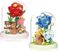 Nzkeuf Juego de 2 bloques de construcción de flores, juego de 2 piezas de juguete de construcción de capibara, juego de juguetes para niños, adultos