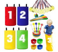 Nzkeuf Juegos al aire libre para niños de cumpleaños infantiles, juegos para exteriores, sacos de saltar, juego de carrera de huevos, juego de lanzamiento de anillos, bandas de carreras de 3 piernas