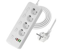 Nzkeuf Regleta USB con Interruptor Individual, Enchufe múltiple de 4 enchufes con 3 Puertos USB A + 1 USB C, Power Strip con 2M Cable, Enchufe de Seguridad Infantil, Ideal para Hogar y Oficina