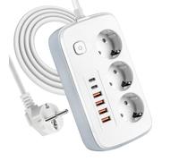 Nzkeuf Regletas Enchufes con Interruptor, Enchufe Multiple con 3 Enchufes Planos, 4 Cargadores USB y 2 Conectores Tipo C, Cable de 2M, Regleta Enchufes Proteccion Sobretension para Oficina, Casa