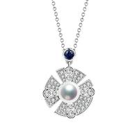 NZVCQVPU 18k White Flower Pearl White Round 0.71CT Diamond with Blue Round 0.12CT Sapphire Necklace for Women Pendant Necklace 18 Inch