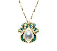 NZVCQVPU 18k Yellow Enamel Leaf White Round 0.16CT Diamond with White Round Pearl Necklace for Women Pendant Necklace 18 Inch